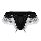 Evankin Men's Lace Thong Valentines Gag Gift Funny Underwear Sexy and Fun Nightclub Show Hip Off Sissy Satin Tee Underwear for Role Play(Black,L)
