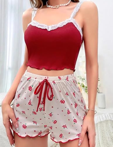 Image of Girece Sexy Pajama Set for Women 2 Piece lounge Set Floral Cami and Shorts Lingerie Set Cute Pjs Lace Trim Sleepwear
