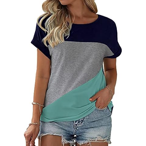 Womens Color Block Short Sleeve Tops Casual Summer T-Shirt Cover