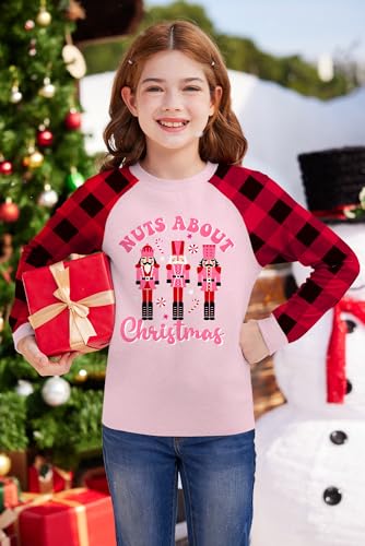 Image of BesserBay Girl's Christmas Buffalo Plaid Raglan Top Funny Holiday Graphic Shirt 4-14 Years