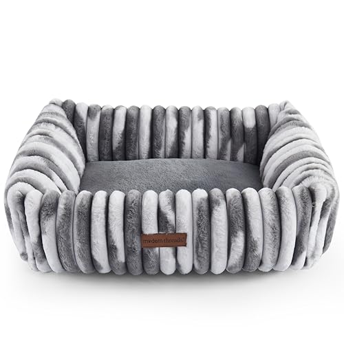 Image of Modern Threads Ribbed Plush Two-Tone Cuddler Dog Bed, Ultra-Soft Faux Rabbit Fur, Supportive Bolstered Sides, Removable Washable Cover, Bed for Small to Medium Dogs, Silver, (24 inch L x 20 inch W x 8 inch Th)