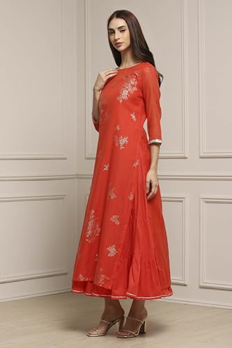 Image of Biba Women's Poly Chanderi 3 /4 Sleeves Calf Length Round Neck A-Line Casual Dress