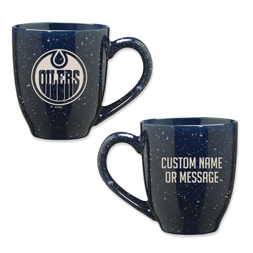 Image of Rico Industries NHL Hockey Edmonton Oilers Navy Personalized 16 oz Team Color Laser Engraved Speckled Ceramic Coffee Mug