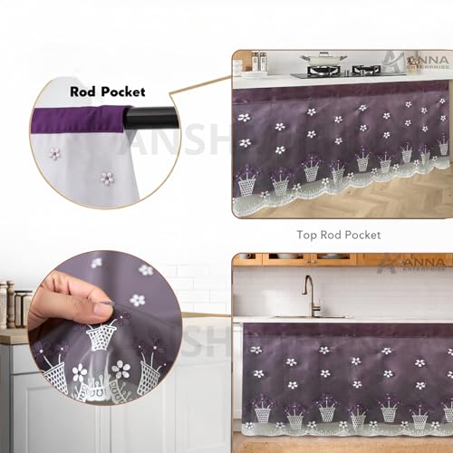 Image of Embroidered Kitchen Sink Curtain with Rod Pocket | Decorative Under Sink Cabinet Curtain | Floral & Peacock Design | Washable Fabric | Size: 150 x 71 CM (Purple, Pack of 1)