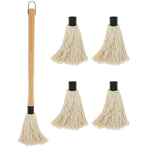 Grill Basting Mop with 4 Cotton Fibers Replacement Heads Barbecue Basting Brushes Wooden Long Handle Reusable Dishwasher Safe Basting Brush for BBQ Sauce Smoking Steak 18.3×5.3in