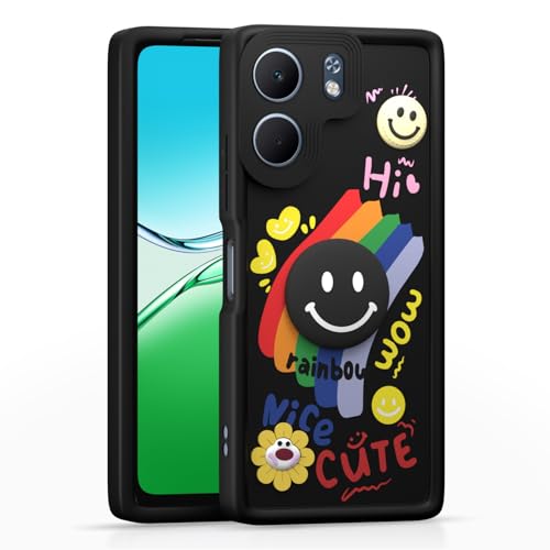Image of Pikkme Back Cover for Oppo A5x | Soft Silicone| Cute Rainbow Smile & 3D Cartoon Flower Design | Shockproof Raised Camera Protection Bumper Case (Black)