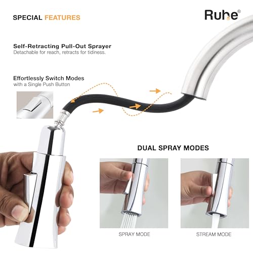 Image of Ruhe Spring Kitchen Sink Mixer Pull-Out Faucet Single Lever Tap with Dual Flow | Hot & Cold Water | Table Mounted Kitchen Sink Tap