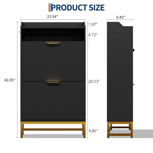 GarveeHome Fluted Shoe Cabinet Storage for Entryway, Wood Shoe Rack with 2 Flip Drawers and Open Shelf, Modern Entryway Organizer for Foyer, Hallway, Entrance, Black