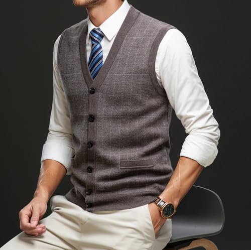 Mens 100% Wool V Neck Sweater Vest Knit Sleeveless Pullover Sweater Casual Plaid Vest3