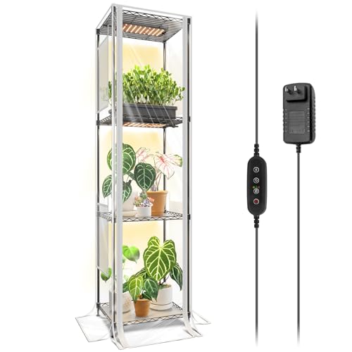 CX83Z Indoor Greenhouse with Grow Light 4-Tier Corner Plant Stand 30W Full Spectrum Growing Light Panels Mini Greenhouse with Tent for Seed Starting 3/6/12h Timer 15.7 x 11.8 x 59.1IN