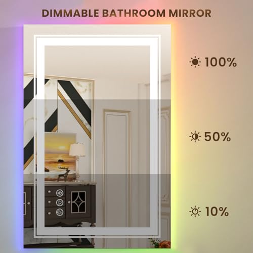 Image of WTTY LED Bathroom Mirror 20 inchx28 inch with RGB Backlit and 3 Front Light,Stepless Dimmable LED Mirror for Bathroom,Lighted Bathroom Vanity Mirror for Wall,Anti-Fog,Memory Function,Shatter-Proof