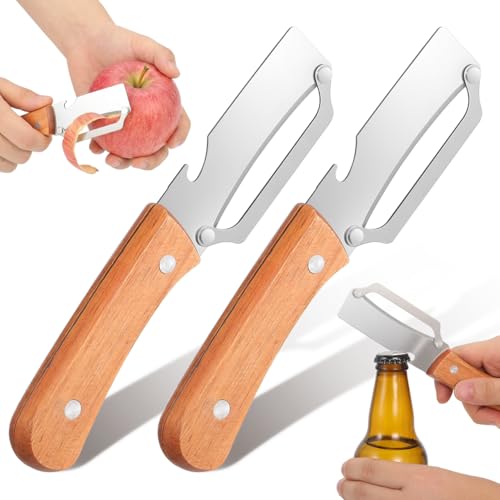 MAGICLULU Lot de 2 Éplucheurs à Légumes Multifonction avec Décapsuleur Intégré, Manches en Bois Naturel, Lame en Acier Inoxydable, Outil Cuisine à Double Usage pour Fruits et Légumes,