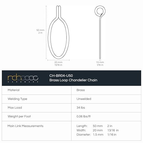 Image of RCH Hardware CH-04-MS-3 Decorative Matte Silver Solid Brass Chain for Hanging, Lighting - Sleek Ovals and Unwelded Links (3 ft /1 Yard)