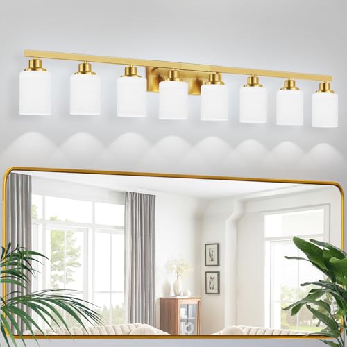 Image of 8-Light Gold Bathroom Light Fixtures Bathroom Vanity Light 52in | White Frosted Ribbed Glass Shade Modern Vanity Light over Mirror Gold Wall Lamp Sconces for Mirror Bedroom E26 Base