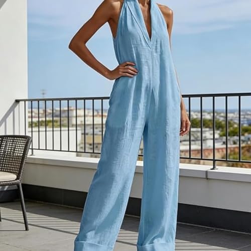 Mono de lino para mujer con cuello halter y pernera ancha 6