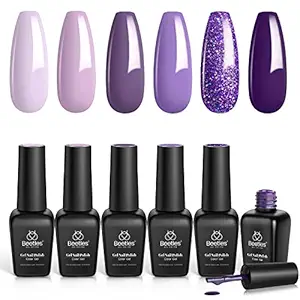 Beetles Gel Nail Polish Kit- 6 Colors Gel Polish Set Purple Glitter Nail Polish Soak Off LED Gel Nail Kit Nail Art Manicure Gifts for Women Girlfriend