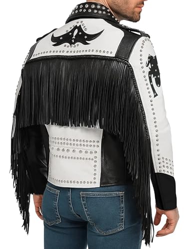 Men’s Tribal Gothic Punk Rock Studded Leather Biker Jacket with Fringes3
