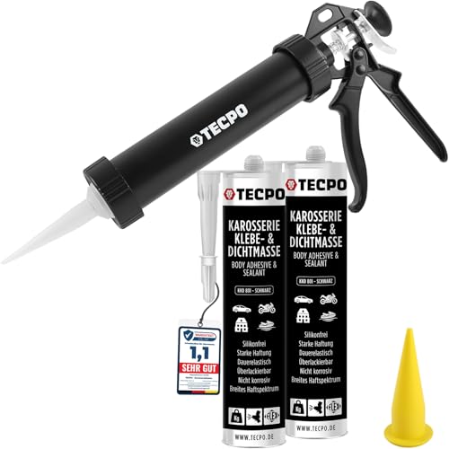 Mastic adhésif et d'étanchéité TECPO noir haute résistance avec presse en alu