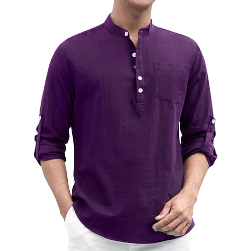 Enlision Mens Cotton Linen Henley Shirts Long Sleeve Casual Shirt Summer Beach Hippie T-Shirt Band Collar Shirt & Pocket