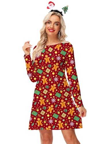 Arankhiger Christmas Kleid Damen Weihnachtskleid Langarm Weihnachten Kleid Geschenk XL