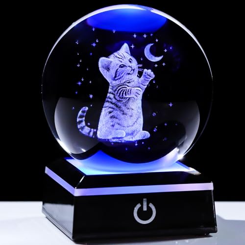 YWHL 3D Cat Moon Figurines 3.14in Crystal Ball with Colorful LED Base Cute Cats Lover Gifts for Women Men Kitten Snow Globe Gift on Birthday Mothers Day Engraved Glass Cat Collection Sphere Home Decor