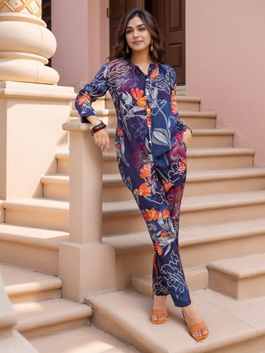 Image of NAINVISH Women's Floral Rayon Blend Co-ord Set | Straight Mandarin Collar Full Sleeve Top & Pant | Elegant Maroon, Blue Styles | Ideal for Casual, Lunch, Evening Outings | Ladies Matching Outfit
