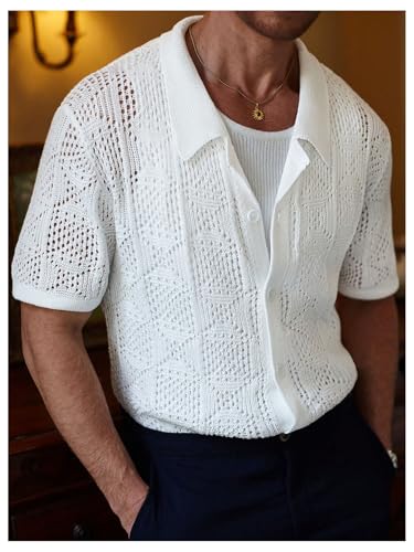 Men's Button Down Crochet Tops Sheer Collared Knit Short Sleeve Sweaters2