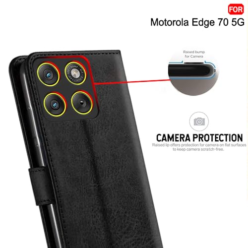 Image of TheGiftKart Flip Cover Back Case for Motorola Moto Edge 70 5G | Genuine Leather Finish | Designer Button | Inbuilt Pockets & Stand | Wallet Style Flip Case Cover for Moto Edge 70 (Faux Leather, Black)