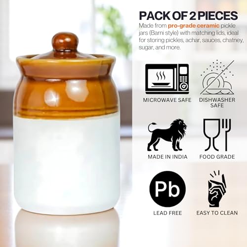 Image of Set of 2 Handmade Ceramic Pickle Jars with Lid - 1000ML Each | Bone Ash Free & Lead Free | Multipurpose Ceramic Storage Containers for Pickle, Achar, Chutney, Sauces, Spices