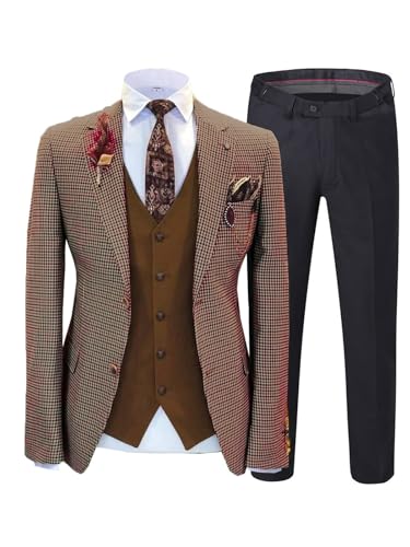 Men Party Tuxedo Jacket Vest & Pant 3 Pieces Houndstooth Dogstooth Retro Plaid Check Notch Lapel Blazer Prom Suits4