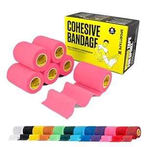 SPORTTAPE 6 Rolls Self-Adhesive Cohesive Bandage, 7.5cm x 4.5m, Pink – Compression & Vet Wrap for Dogs, Horses, Sports Stretch Tape for Football, Ankles, Joints, Fingers, Wrists & Sock Tape
