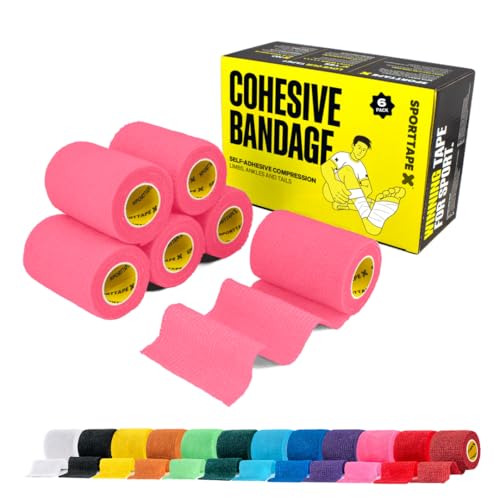 SPORTTAPE 6 Rolls Self-Adhesive Cohesive Bandage, 7.5cm x 4.5m, Pink - Compression & Vet Wrap for Dogs, Horses, Sports Stretch Tape for Football, Ankles, Joints, Fingers, Wrists & Sock Tape