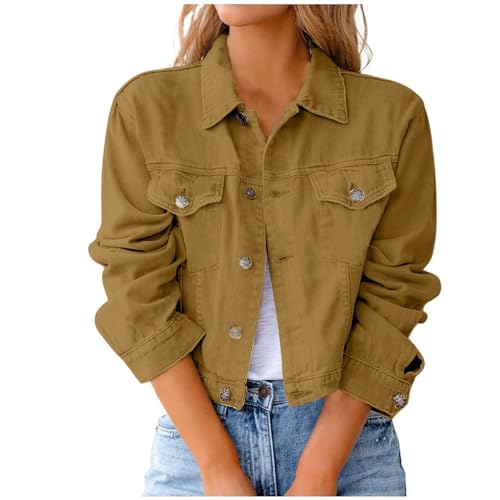 Chaquetas de mezclilla elásticas para mujer, de manga larga, con botones, clásica, talla grande, con cuello de solapa y corte desgastado, para adolescentes y adultos jóvenes, caqui, XXL