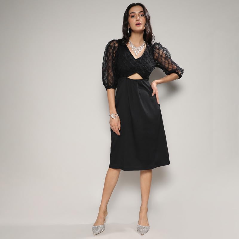 Image of PINACOLADA Women's Cut-Out Dress with Sheer Detail for Casual Wear | V Neck | Long Sleeve | Zipper Closure | Co-Ord Set Crafted with Comfort Fit for Everyday Wear