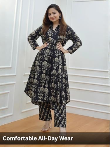 Image of Leriya Fashion Women's Cotton Printed A-Line Kurti Pant Set | Abstract Leaf & Floral Kurta with Trouser Pant | Casual Ethnic Co-ord Set for Women Stylish | Elegant Anarkali Style Tunic Kurta Set