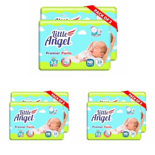 Image of Little Angel Premier Pants Baby Diaper, New Born (NB) Size, 56 Count, Combo Pack of 6, 28 Count /Pack, up to 5 Kg