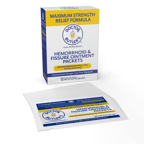 Doctor Butler's Maximum Strength Hemorrhoid & Fissure Ointment 12 to-Go Packets - Instant Pain Relief Hemorrhoid Treatment with Lidocaine, Internal & External Itching, Burning and Swelling Relief