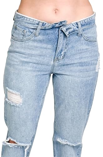 FIVESTAR GENERAL Women’s Juniors 5-Pocket Ripped Distressed Denim Straight Leg Jean, Low Rise with Foldover Waistband2