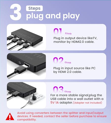 Image of avedio links 4K HDMI Splitter 1 in 4 Out with Hdmi 2.0 Cable, HDMI Video Distributor 1X4 Mirror Duplicate 1 Source to 4 Displays (Only Mirror, Not for Extended), Support 1080P@60Hz, 3D, PS5, HDTV