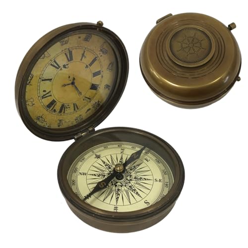Brújula y reloj de latón antiguo 3 pulgadas miniatura 2