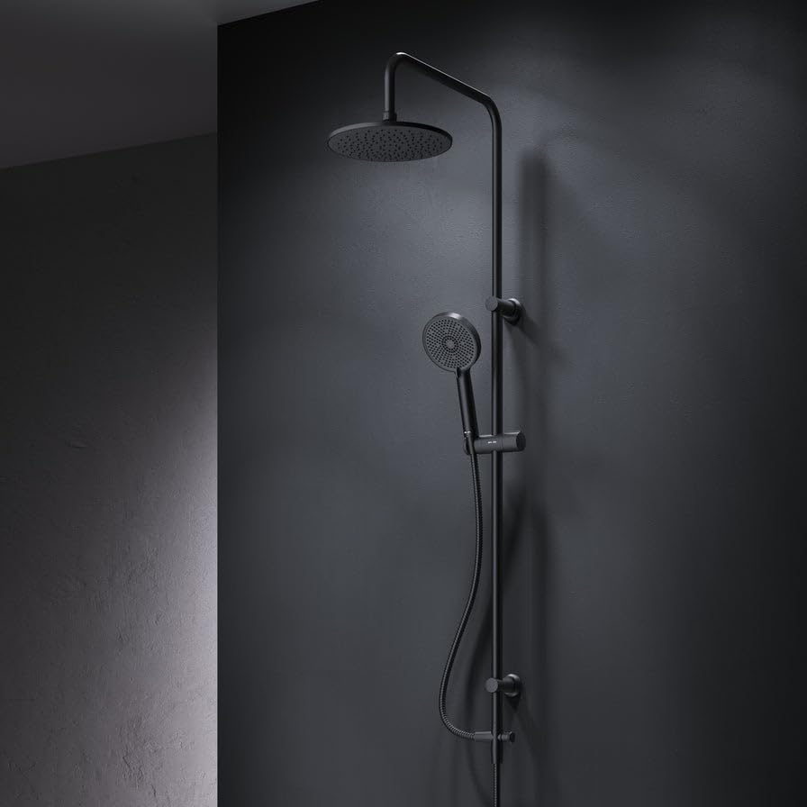 Système de douche Play I AM.PM, colonne en acier inoxydable noir et chrome avec ciel de pluie