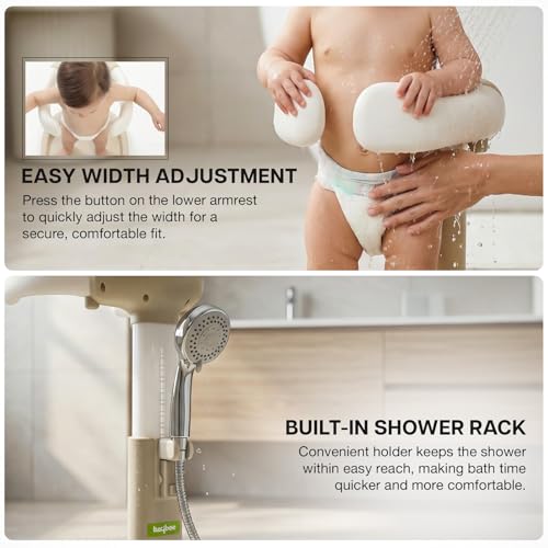Image of BAYBEE Babyflo Shower Bath Stand for Baby for 0 - 3 Years for Kids | Baby Standing Bath Stand with Adjustable Height & Width | Foldable Kids Bathstand with Shower Holder & Anti-Slip Base (Beige)