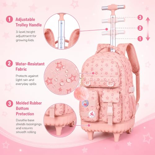 Image of CCJPX Rolling Backpack for Girls, 3Pcs Roller Wheeled School Bookbag, Star Wheels Backpacks with Lunch Box for Kids (Pink)