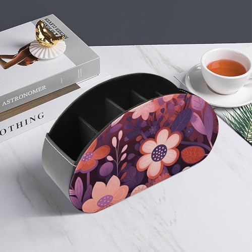 Support de télécommande motif floral violet foncé 5 compartiments en cuir