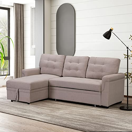 Humeha Reversible Sectional Sofa Couch, Beige Convertible Pull Out Bed Sleeper Sofa With Storage Chaise Lounge, Upholstered L Shaped Couch, Linen Fabric Corner Sofa Bed Couches For Living Room #TOP1