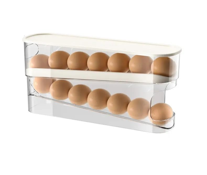 HomeCloud 2-Tier Rolling Egg Dispenser for 12-14 Eggs, Egg Tray for Space-Saving and Durable Storage Solution with Gravity-Fed Design, Ideal for Fridge and Pantry (Off-White)