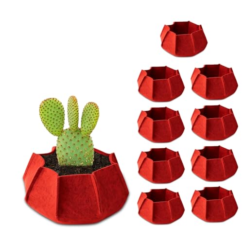 Image of Geo Fabric Grow Bags for Plants 10X3 Inch (Pack of 10) | 400 GSM Heavy Duty UV-Protected Round Maroon Colour Plant Bags for Terrace and Vegetable Gardening | Strong & Reusable|