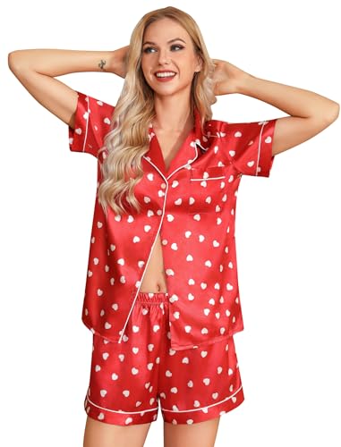 Leikar Satin Valentines Pajamas For Women Heart Sleepwear Button Down Red Silk Cute Pjs