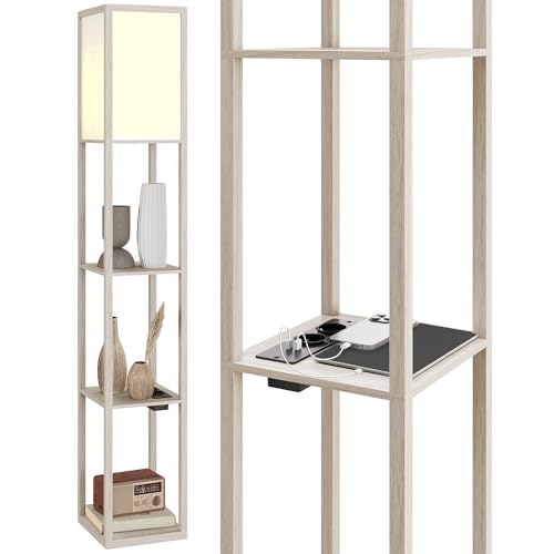 HOMCOM Lampada da Terra LED con Ripiani, Lampada Moderna con Interruttore a Pedale e Porte USB, Temperatura della Luce Regolabile per Soggiorno e Camera da Letto, Bianco e Rovere