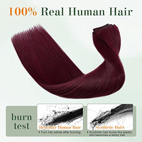 Image of Benehair Burgundy One Piece Clip in Hair Extensions Human Hair Wine Red Clip ins 10inch 3 /4 Full Head Remy Long Straight Natural Soft 5 Clips